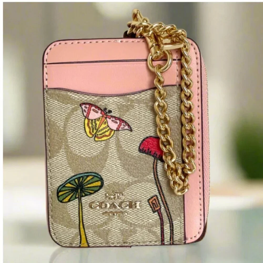Coach Observed By Us Zip Card Case Khaki Signature Canvas Pink